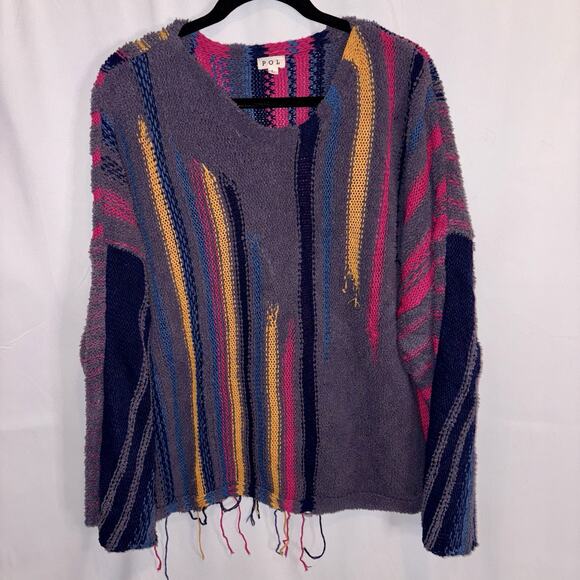 POL Distressed Oversized V-Neck Colorful Fringe Sweater Sold Out Online Size LG - Picture 1 of 8